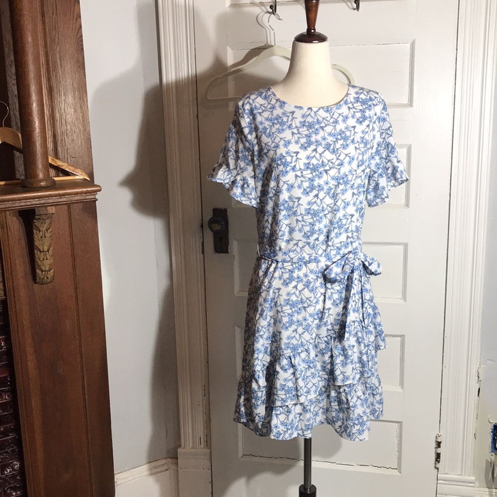 Banana Republic blue white floral ruffled dress 8